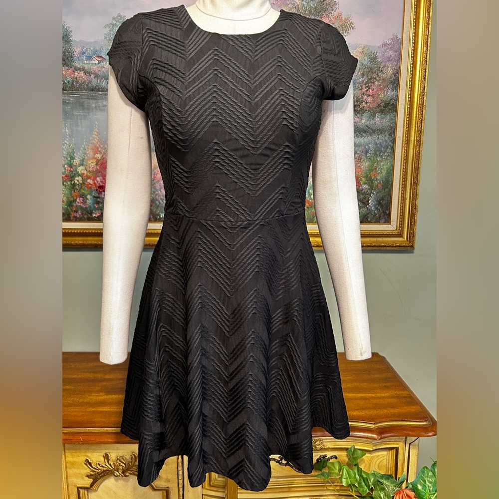Candie’s Black Fit & Flare Zig Zag Raised Chevron Zip Back Dress